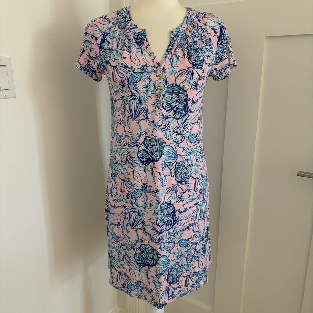Lilly Pulitzer Dress Womens XS Blue Pink Seashell Print Knit Short Sleeve*Y23